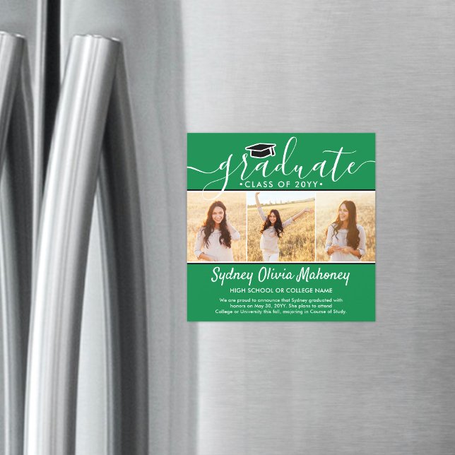 3 Photo Green Magnetic Graduation Announcement (Creator Uploaded)