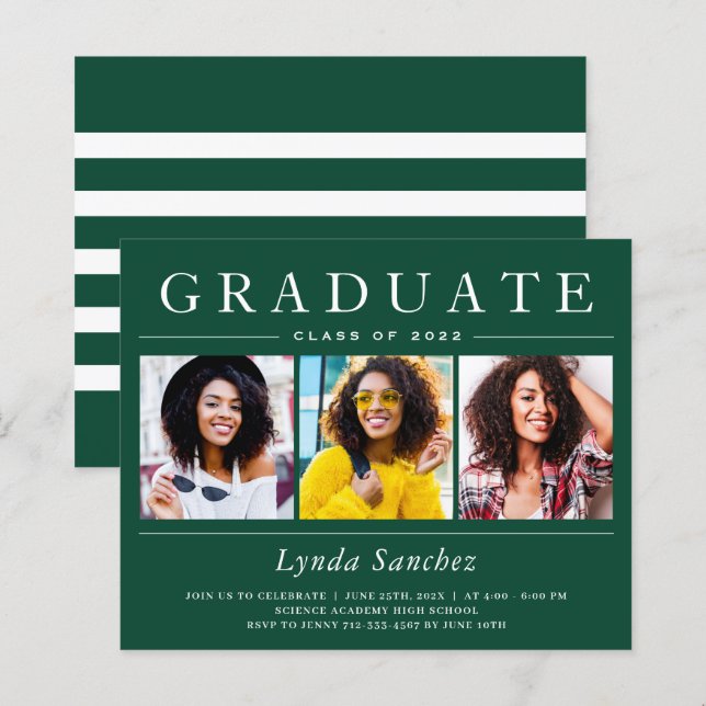 3 Photo Green White Stripes Graduation Invitations (Front/Back)