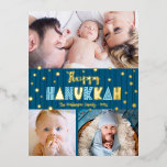 3 Photo Happy Hanukkah Modern Teal Blue Real Gold  Foil Holiday Postcard<br><div class="desc">“Happy Hanukkah.” Fun, playful, whimsical handcrafted real gold foil and light blue typography, a random gold foil Star of David pattern, and midnight navy blue hand drawn lines overlay a dark teal blue background. Add 3 photos of your choice to help usher in Hanukkah with this stunning, colourful, personalised real...</div>