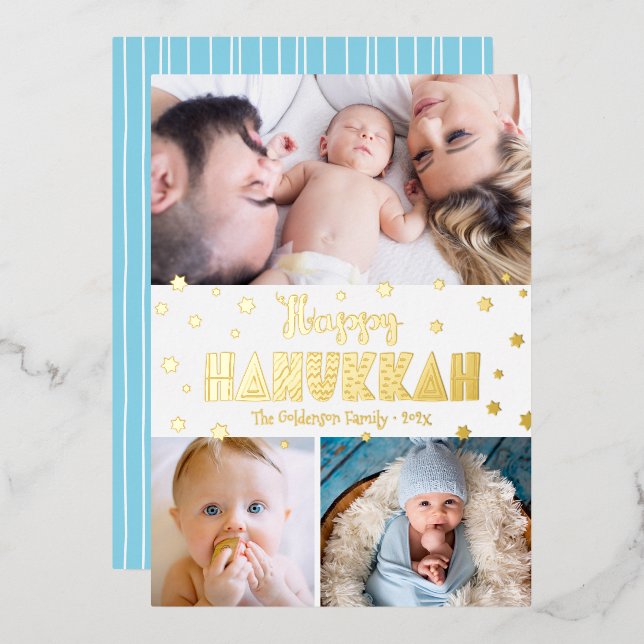 3 Photo Happy Hanukkah Whimsical Modern Real Gold Foil Holiday Card (Front/Back)
