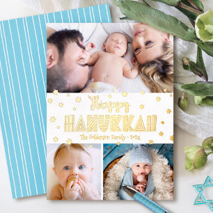 3 Photo Happy Hanukkah Whimsical Modern Real Gold Foil Holiday Card