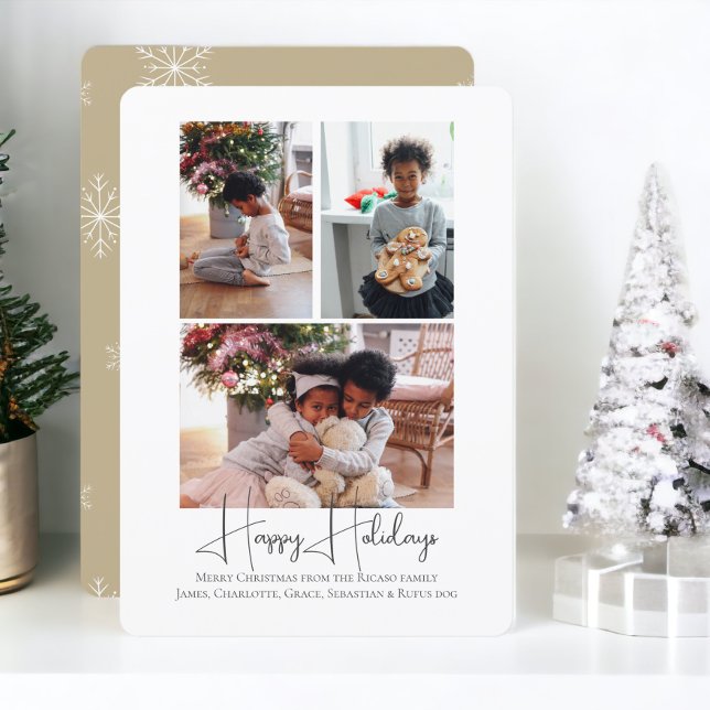 3 Photo Happy Holidays Christmas Holiday Card (3 Photo Happy Holidays Christmas Holiday Cards from Ricaso. Snowflake beige and white pattern )