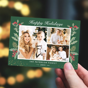 3 Photo Happy Holidays Holly Berries Christmas Holiday Card