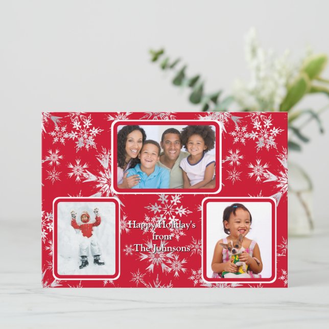 3 Photo Happy Holidays Personalised Message Red Holiday Card (Standing Front)