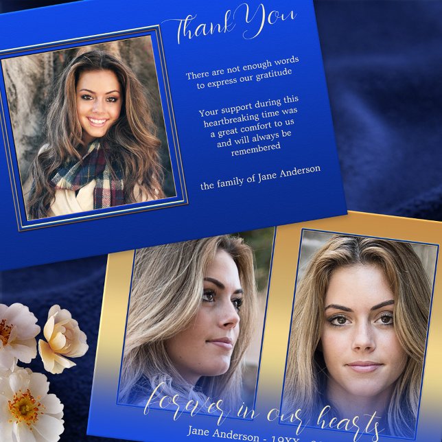 3 Photo Heartfelt Sympathy Thank You Cards (Funeral or memorial Thank You card featuring 3 custom photos on royal and navy blue with gold)