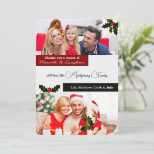 3 Photo Holly and Berries Christmas Holiday Card