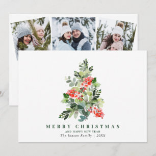 3 PHOTO Holly Berry Christmas Tree Greeting Holida Holiday Card