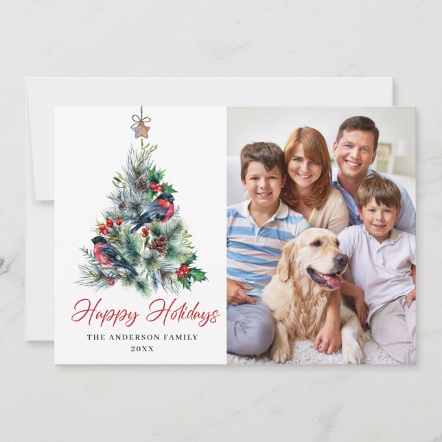 3 PHOTO Holly Berry Christmas Tree Greeting Holiday Card (Front)