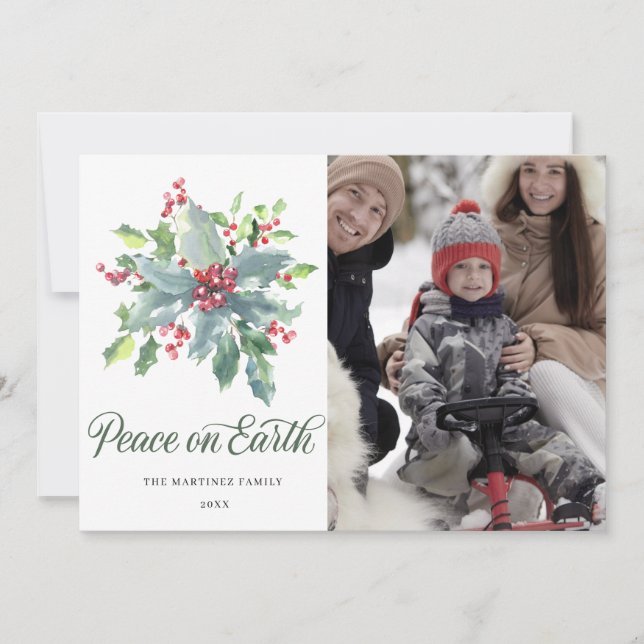 3 PHOTO Holly Berry Festive Family Christmas Holiday Card (Front)