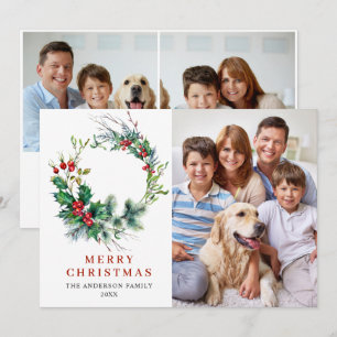 3 PHOTO Holly Berry Wreath Christmas Greeting Holiday Card