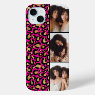 3 Photo Hot Pink And Gold Leopard Print iPhone 15 Mini Case
