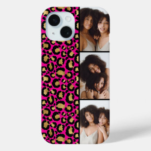 3 Photo Hot Pink And Gold Leopard Print iPhone 15 Case