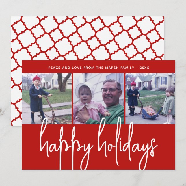 3 Photo - Huge Happy Holidays - Red Quatrefoil Holiday Card (Front/Back)