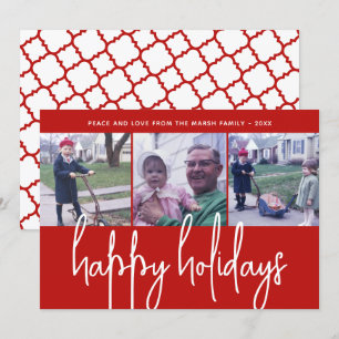 3 Photo - Huge Happy Holidays - Red Quatrefoil Holiday Card