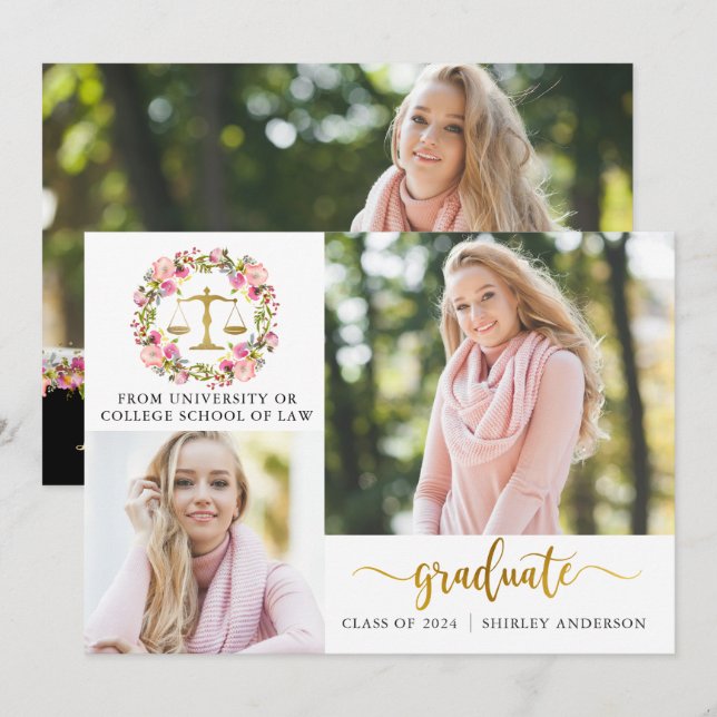 3 Photo Law School Graduation Floral Announcement (Front/Back)