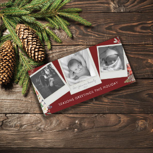 3 Photo Layout Vintage Snapshot Burgundy Red Holiday Card
