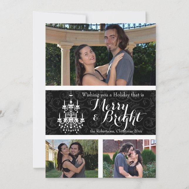 3 Photo Merry/Bright Chandelier Holiday Invitation (Front)