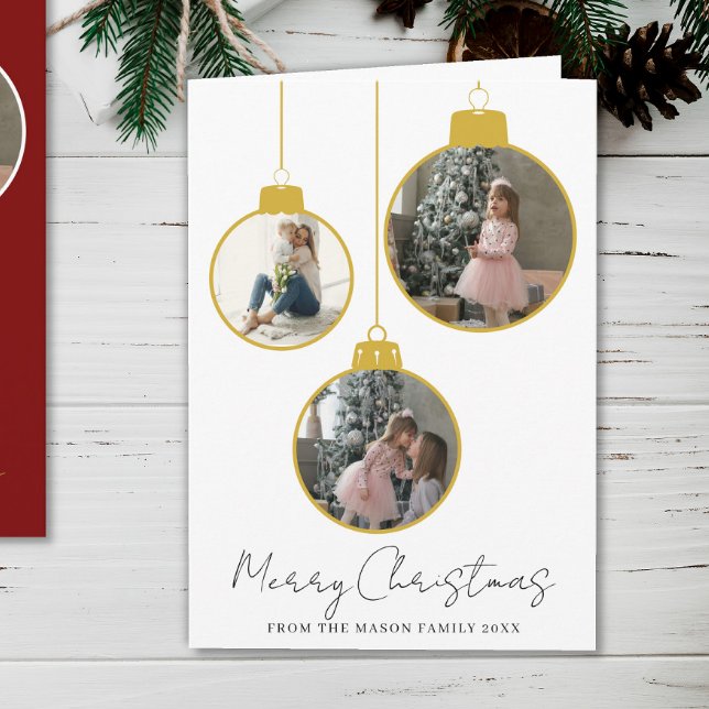 3 photo Merry Christmas bauble Photo Card (Creator Uploaded)