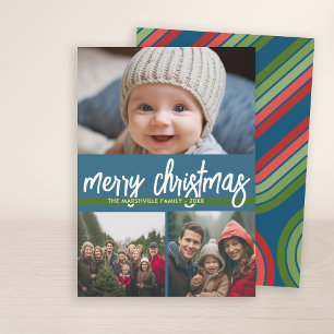3 Photo Merry Christmas - blue green retro stripes Holiday Card