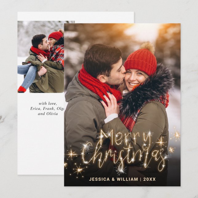 3 PHOTO Merry Christmas Gold Sparkle Greeting Holiday Card (Front/Back)