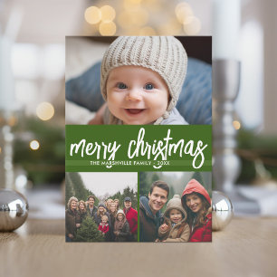 3 Photo Merry Christmas - green red retro stripes Holiday Card
