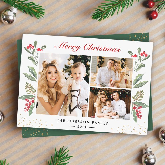 3 Photo Merry Christmas Holly Berry Gold Confetti Holiday Card (Creator Uploaded)