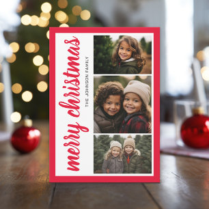 3 Photo Merry Christmas Red Border - Calligraphy Holiday Card