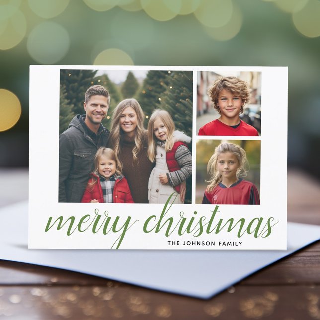 3 Photo Merry Christmas Script Green Damask Holiday Card (3 Photo Online Christmas Card - Modern, Simple Design)