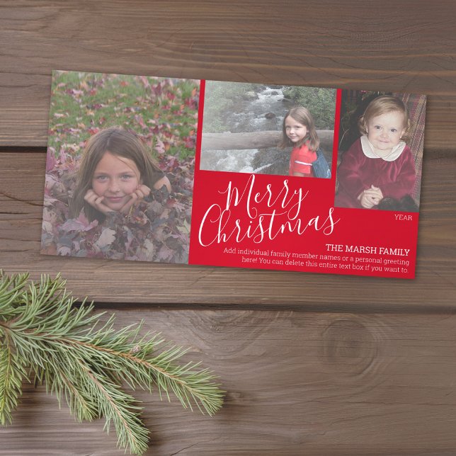 3 Photo - Merry Christmas Simply Red Holiday Card (Add 3 photos to this classic photo card that can be printed or sent out to friends and family.)