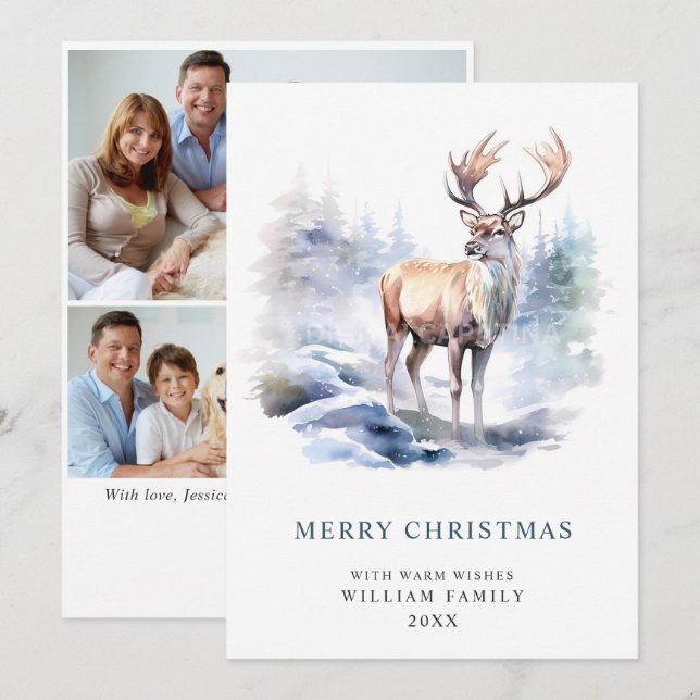 3 PHOTO Minimalist Elegant Deer Christmas Holiday Card (Front/Back)