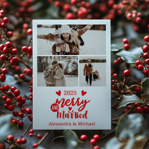 3 Photo Minimialist Merry and Married Holiday Card