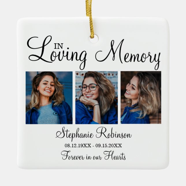 3 Photo Modern Collage Funeral Memorial Ceramic Ornament (Front)
