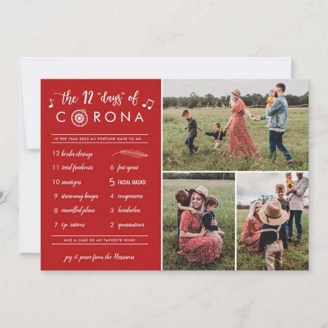 3 Photo Modern Funny Twelve Days Corona Red Holiday Card (Front)