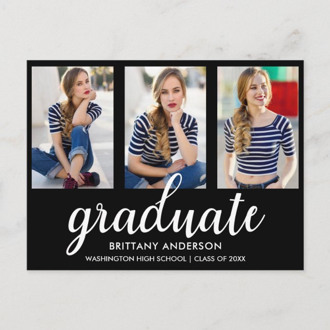 3 Photo Modern Gold Graduation Party Invitation BW (Front)