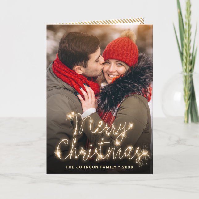 3 PHOTO Modern Golden Christmas Greeting Holiday Card (Front)