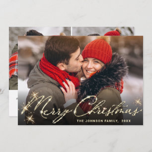 3 PHOTO Modern Golden Christmas Greeting Holiday Card