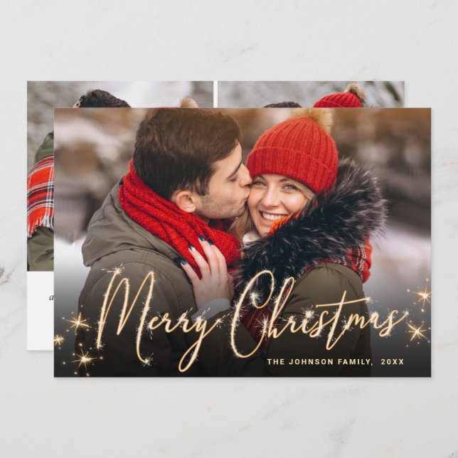 3 PHOTO Modern Golden Christmas Greeting Holiday Card (Front/Back)