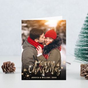 3 PHOTO Modern Golden Christmas Greeting Holiday Card