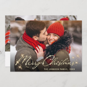 3 PHOTO Modern Golden Christmas Greeting Holiday Card