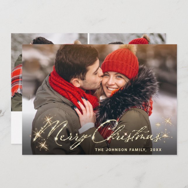 3 PHOTO Modern Golden Christmas Greeting Holiday Card (Front/Back)