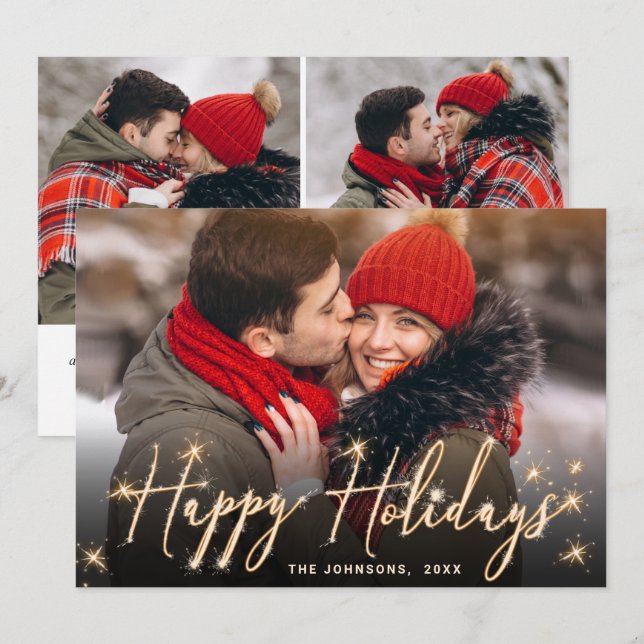 3 PHOTO Modern Golden Christmas Greeting Holiday Card (Front/Back)