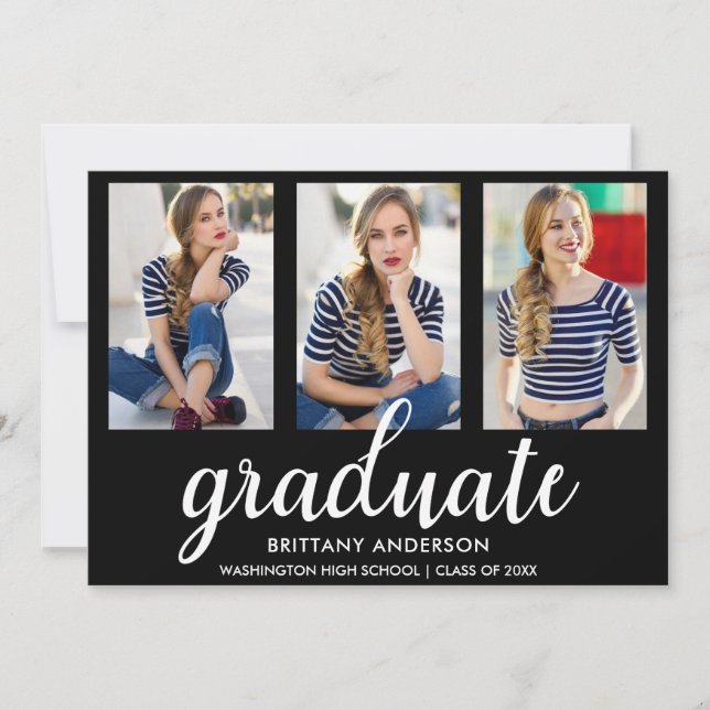 3 Photo Modern Graduation Announcement Card BW (Front)