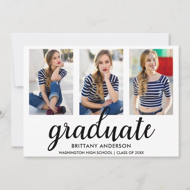 3 Photo Modern Graduation Announcement Card WB (Front)