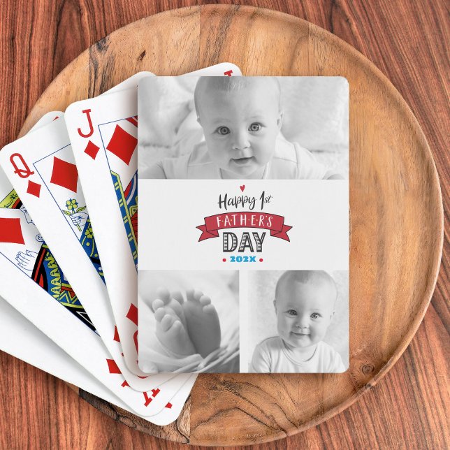 3 Photo Modern Happy 1st Father’s Day Red Heart Playing Cards (Creator Uploaded)