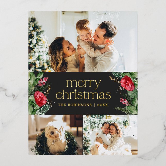 3 Photo Modern Merry Christmas Botanical Foil Holiday Postcard (Front)