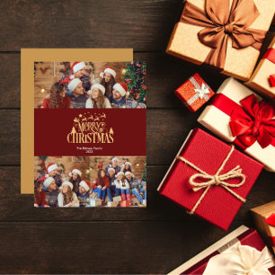 3 Photo Modern Merry Christmas in Gold Greeting Holiday Card