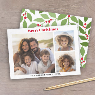 3 Photo Modern Minimal Script Botanical - Red Holiday Card