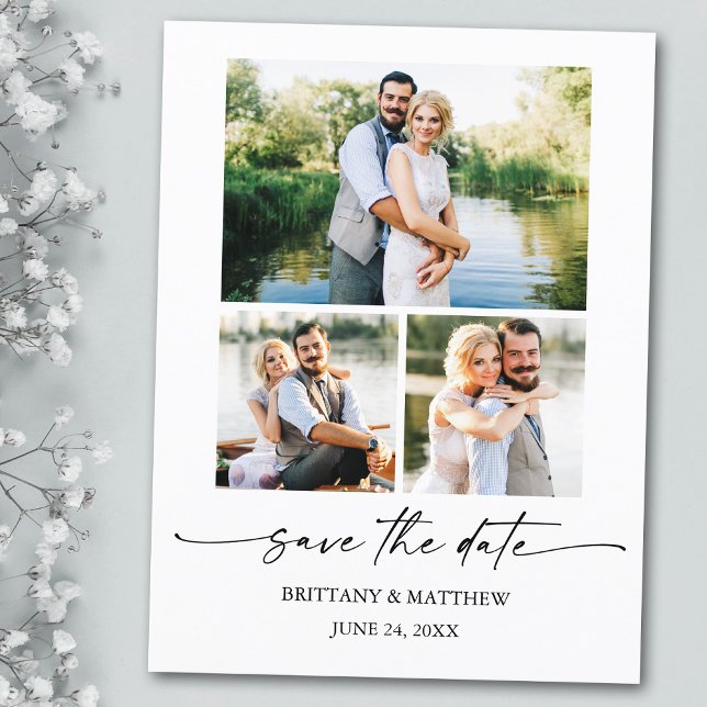 3 Photo Modern Minimalist Ink Script Save The Date Postcard (Customize to change your personalized text size or text style.)