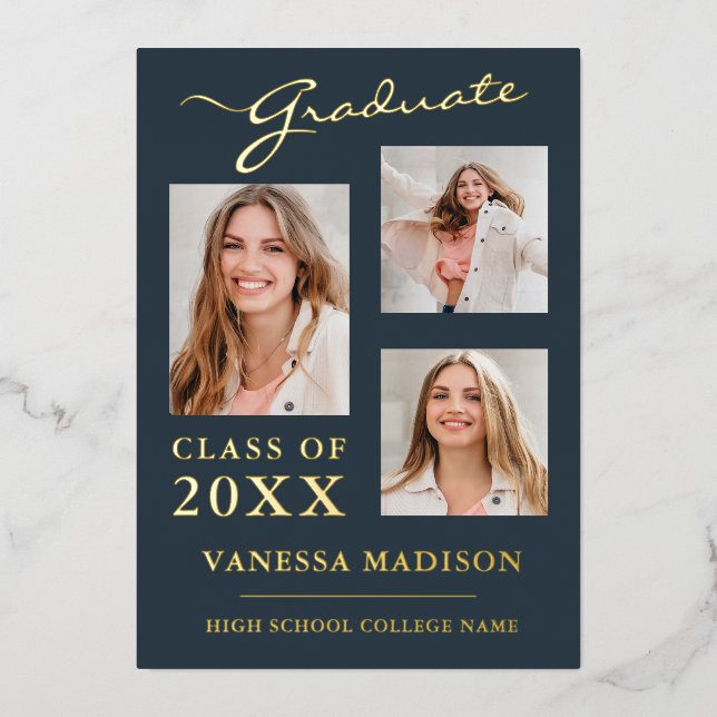 3 Photo Modern Script Dusty Blue Grad Announcement (Front)