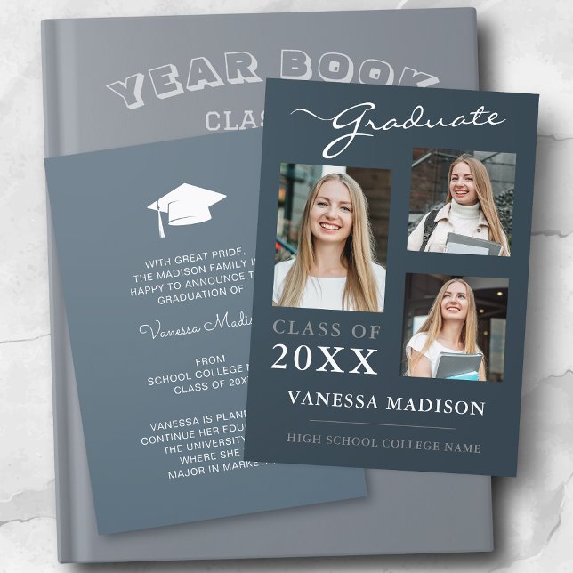 3 photo Modern Script Dusty Blue Graduation Announcement (Creator Uploaded)